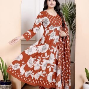 Printed Three-Piece Kurta Set – Rust & White Floral