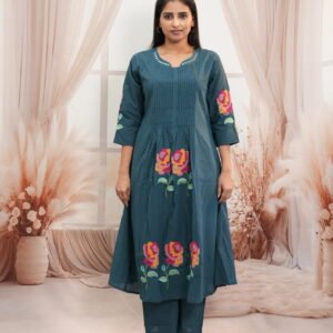 Teal Blue Kurta & Pant Set – Vibrant Floral Embroidery