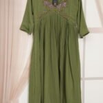 Olive Green V-Neck Pleated Frock with Floral Embellishment