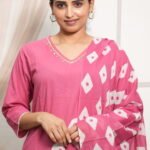 Rose Pink Printed Kurta Set with Swan and Diamond Prints