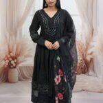 Three Piece Set – Black Anarkali with Floral Dupatta