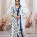 Three Piece Set – White & Blue Paisley Kurta Set