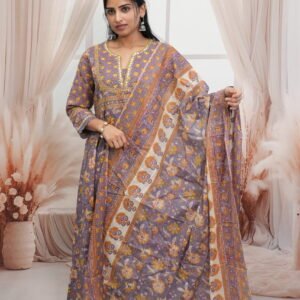 Lavender & Orange Floral Anarkali Kurta Set