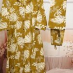 Golden And Leaf-Print Co-ord Set – Button-Down Shirt & Pants