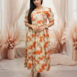 Printed Tiered Maxi Dress – Orange & White Cow Print