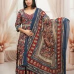 Three-Piece Anarkali Set – Maroon & Blue Block Print