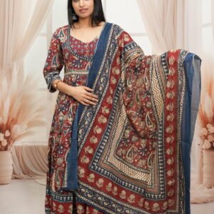 Three-Piece Anarkali Set – Maroon & Blue Block Print