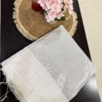 Elegant Silver Tissue Linen Saree with Off White Striped Pallu | Minimalist Festive & Party Wear Saree with Tassels