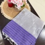 Elegant Silver Tissue Linen Saree with Purple Border & Stripes | Lightweight Festive & Party Wear Saree with Tassels